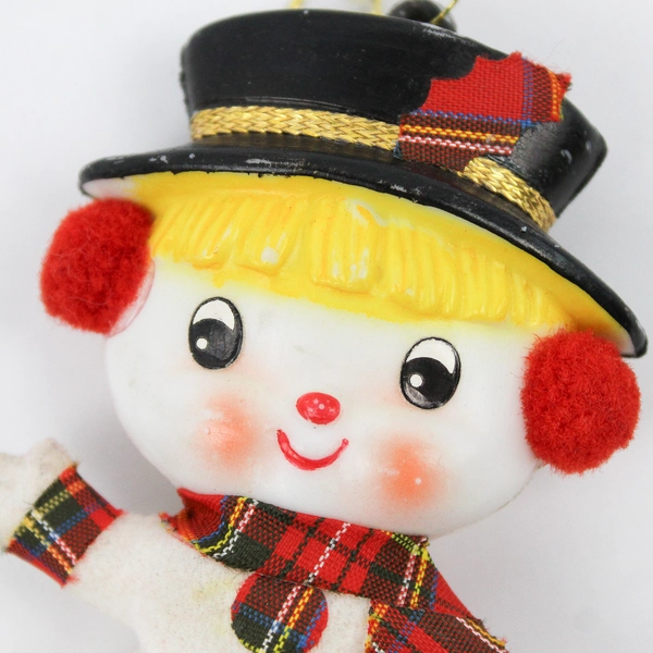 Vintage Finnish Christmas Ornament Flocked Snowman with Plaid Scarf