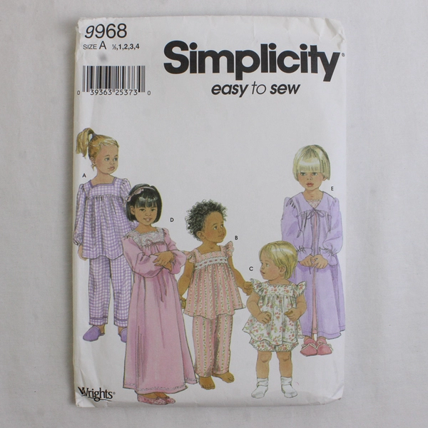 Simplicity 9968 Wrights Easy To Sew Pajamas Patterns Girls Size A (1/2,1,2,3,4)