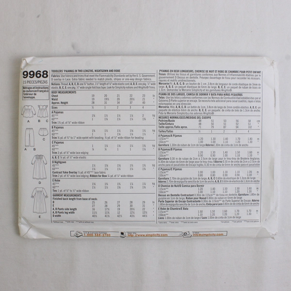 Simplicity 9968 Wrights Easy To Sew Pajamas Patterns Girls Size A (1/2,1,2,3,4)