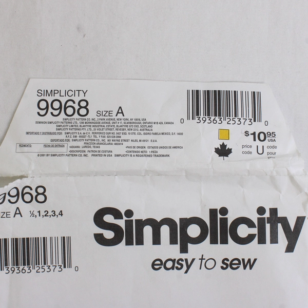 Simplicity 9968 Wrights Easy To Sew Pajamas Patterns Girls Size A (1/2,1,2,3,4)