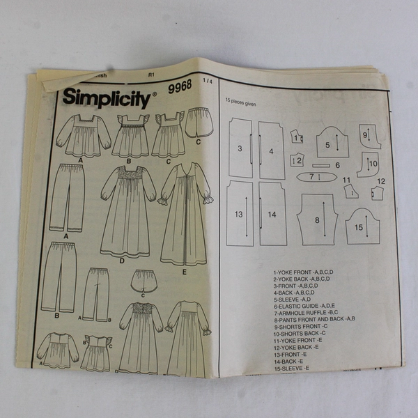 Simplicity 9968 Wrights Easy To Sew Pajamas Patterns Girls Size A (1/2,1,2,3,4)