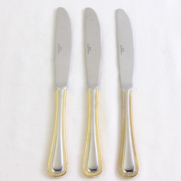 3 Wallace Silver Regal Pearl Gold Accent Front/Back Dinner Knives 8.75" New 