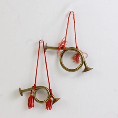 Lot of 2 Vintage Solid Brass French Horn Bugle Christmas Decoration Ornaments