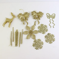 Lot of 15 Gold Glitter Christmas Ornaments Deer, Bow, Snowflake, Icicle