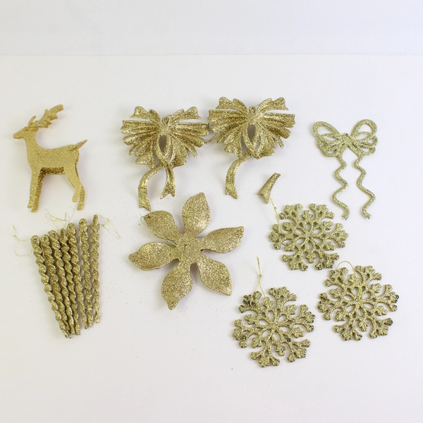 Lot of 15 Gold Glitter Christmas Ornaments Deer, Bow, Snowflake, Icicle