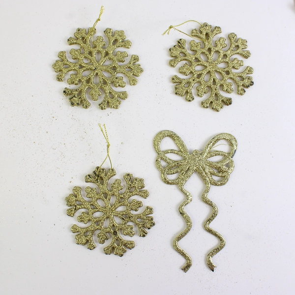 Lot of 15 Gold Glitter Christmas Ornaments Deer, Bow, Snowflake, Icicle