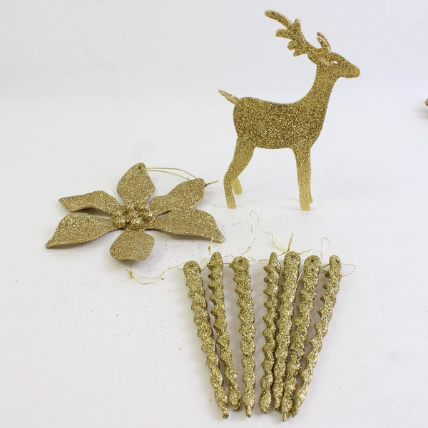 Lot of 15 Gold Glitter Christmas Ornaments Deer, Bow, Snowflake, Icicle