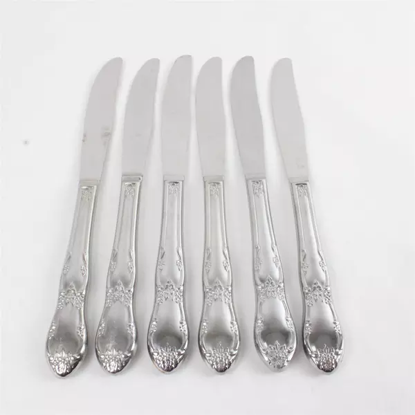 Set of 6 Oneida Fenway Modern Silver Hollow Handle Dinner Knives 8.5"