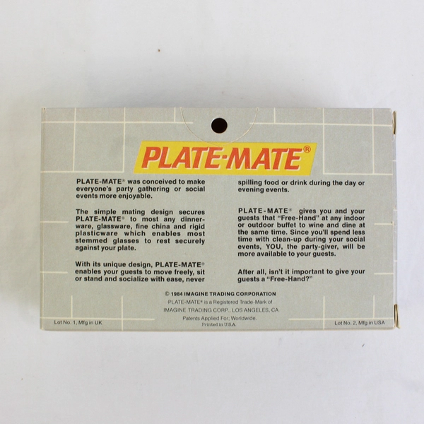 Vintage 12pc Plate-Mate Plastic Wine Glass Plate Clips 1984 with Original Box