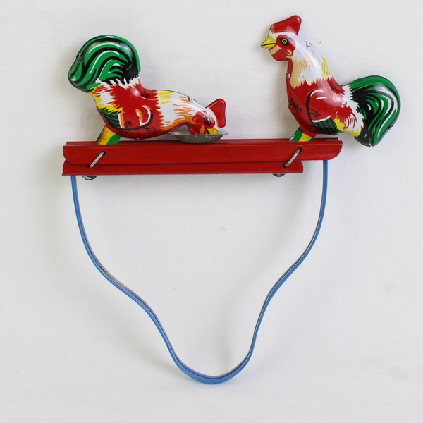 Vintage Tin Hand Pressure Mechanical Toy Pecking Roosters
