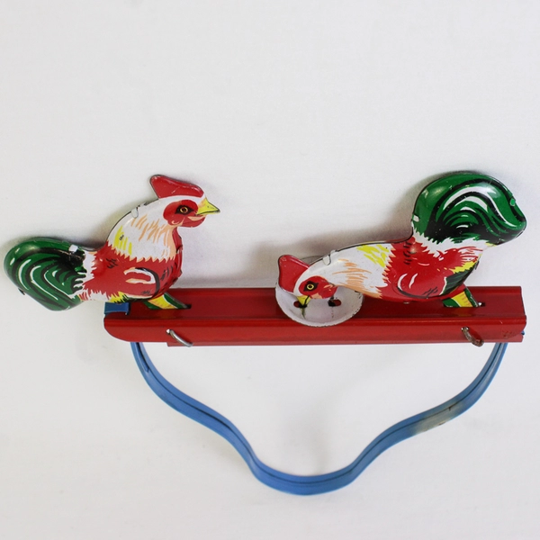 Vintage Tin Hand Pressure Mechanical Toy Pecking Roosters