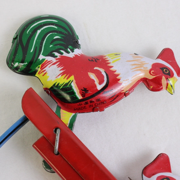 Vintage Tin Hand Pressure Mechanical Toy Pecking Roosters