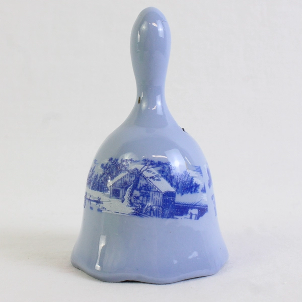 Currier & Ives Blue Porcelain Bell "The Old Homestead In Winter" Scene 3.5" Tall