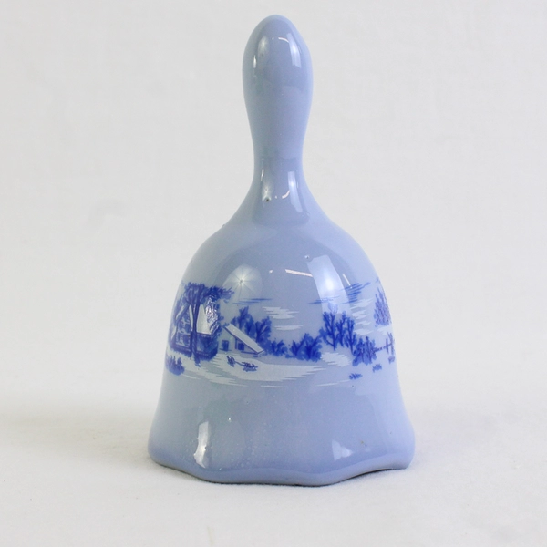 Currier & Ives Blue Porcelain Bell "The Old Homestead In Winter" Scene 3.5" Tall