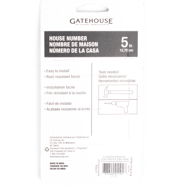 Gatehouse House Number 5" Solid Zinc #1 Black Italic #01101 Model