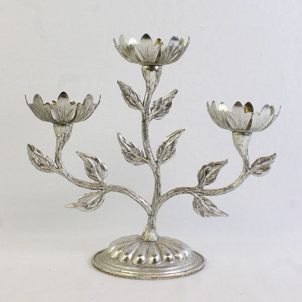 Unbranded Metal Candelabra For 3 Candles Flower/Floral Design 9" Tall