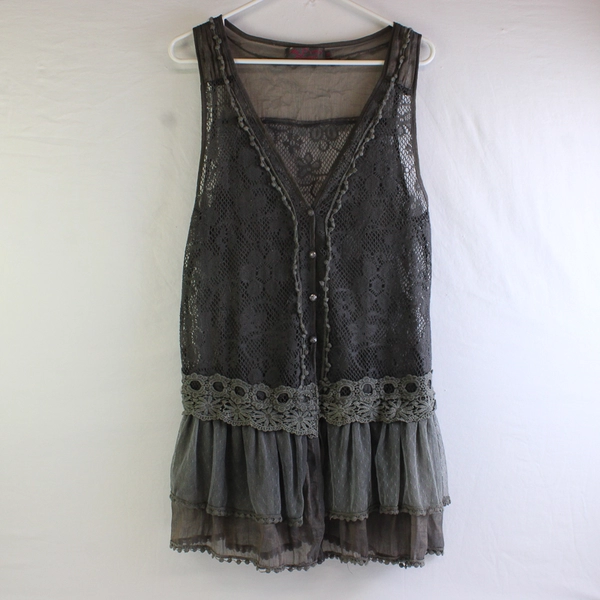 My Pretty Angel Women's M Gray Knit and Lace Ruffle Sheer Dress