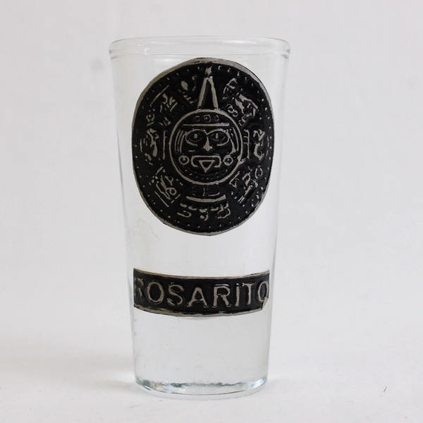 Rosarito Mexico Clear Shot Glass Black Relief Piedra del Sol Medallion