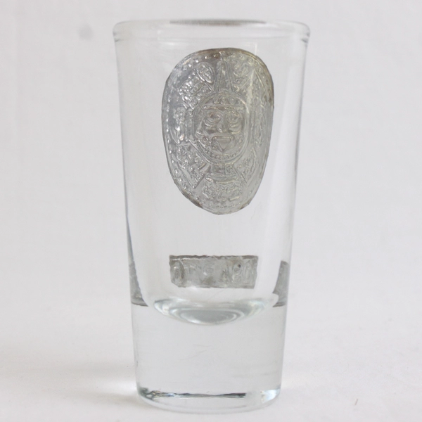Rosarito Mexico Clear Shot Glass Black Relief Piedra del Sol Medallion