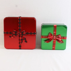 Lot of 2 Holiday Time Square Bow Tins Green and Red