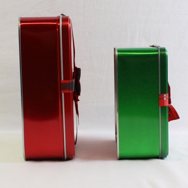 Lot of 2 Holiday Time Square Bow Tins Green and Red
