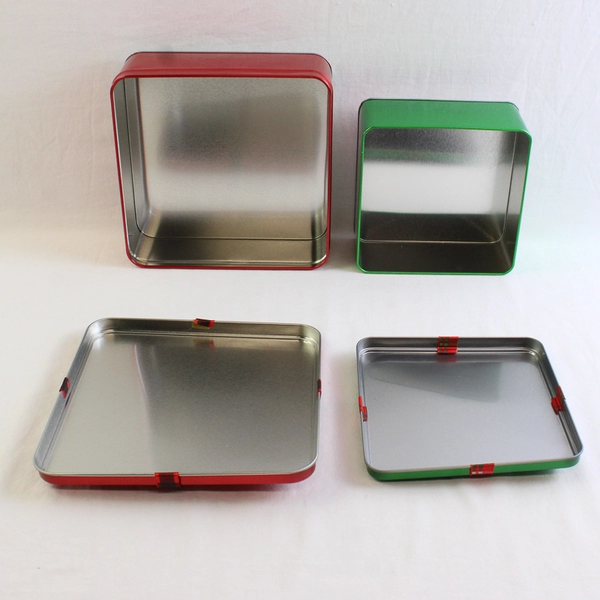 Lot of 2 Holiday Time Square Bow Tins Green and Red