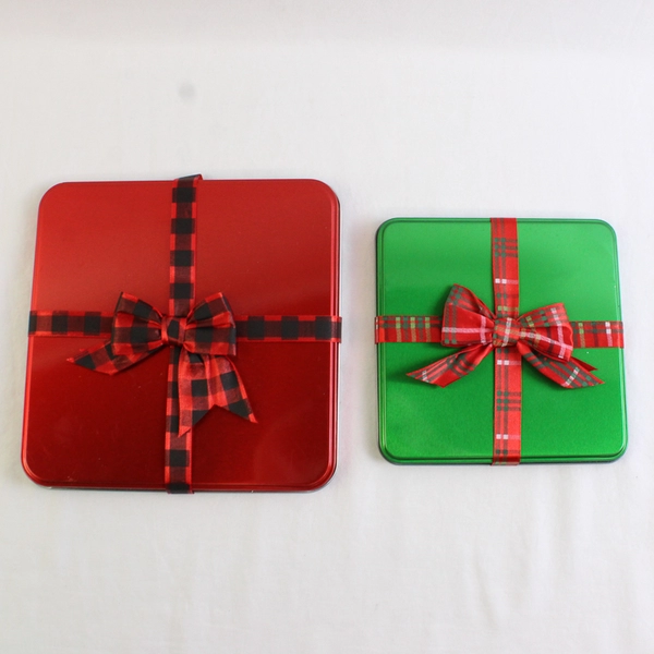 Lot of 2 Holiday Time Square Bow Tins Green and Red