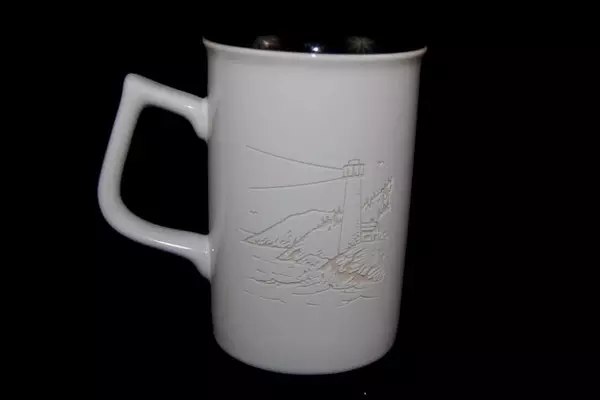 First Interstate Bank Lighthouse Mug White & Black Engraved 4.25" Tall