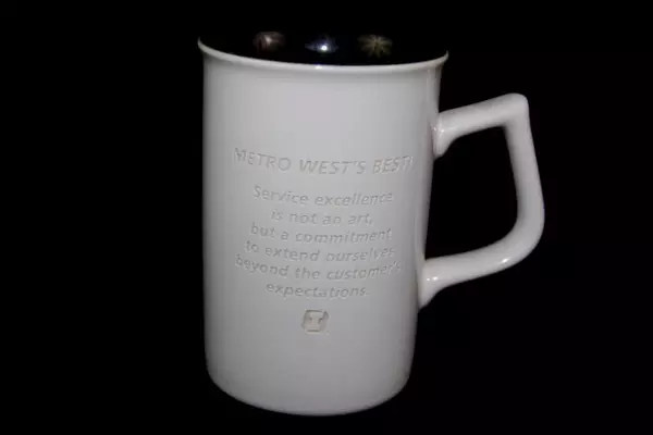 First Interstate Bank Lighthouse Mug White & Black Engraved 4.25" Tall