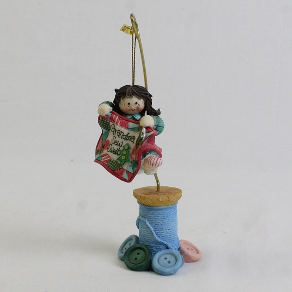 Vintage Enesco Cute As A Button Grandma Sew Sweet Resin Ornament and Stand