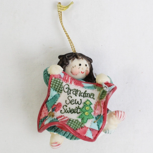 Vintage Enesco Cute As A Button Grandma Sew Sweet Resin Ornament and Stand
