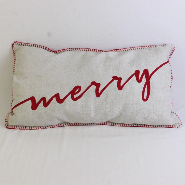 Oeko-Tex Red and White Christmas Throw Pillow Merry 13" x 23"