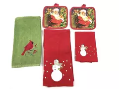 Lot of Christmas Kitchen Linens Crate & Barrel Towels Santa Pot Holders