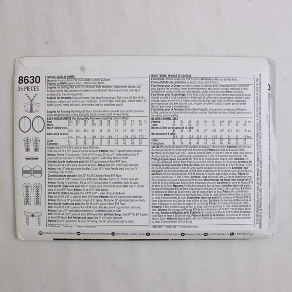 Simplicity Jackie Craft Cosplay 8630 Armor Costume Women's Size U5 (16-24)