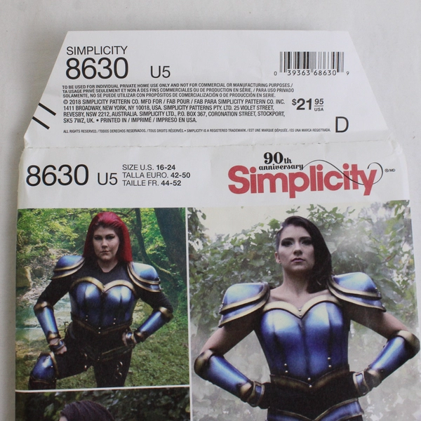 Simplicity Jackie Craft Cosplay 8630 Armor Costume Women's Size U5 (16-24)