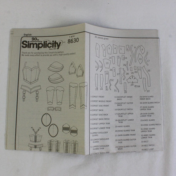 Simplicity Jackie Craft Cosplay 8630 Armor Costume Women's Size U5 (16-24)