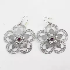 2 Inch Silver-Tone Floral Dangle Earrings with Amethyst Centers