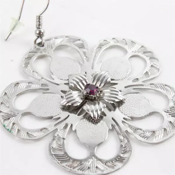 2 Inch Silver-Tone Floral Dangle Earrings with Amethyst Centers