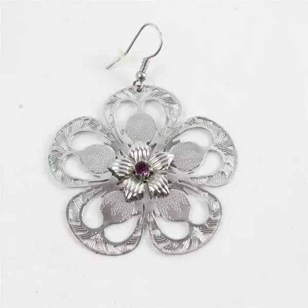 2 Inch Silver-Tone Floral Dangle Earrings with Amethyst Centers