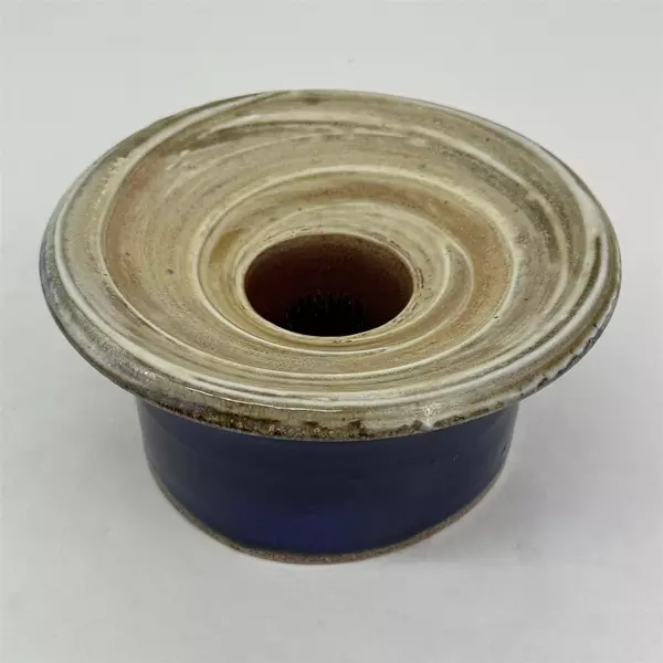 Handmade Artisan Ceramic Art Pottery Vase W/ Metal Frog Signed Cobalt Blue Beige