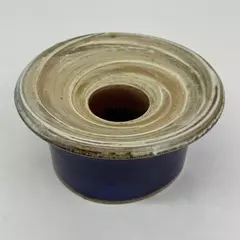 Handmade Artisan Ceramic Art Pottery Vase W/ Metal Frog Signed Cobalt Blue Beige