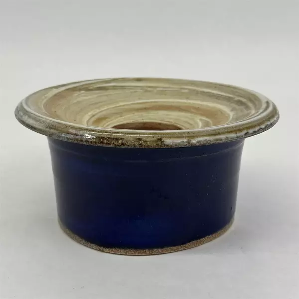 Handmade Artisan Ceramic Art Pottery Vase W/ Metal Frog Signed Cobalt Blue Beige