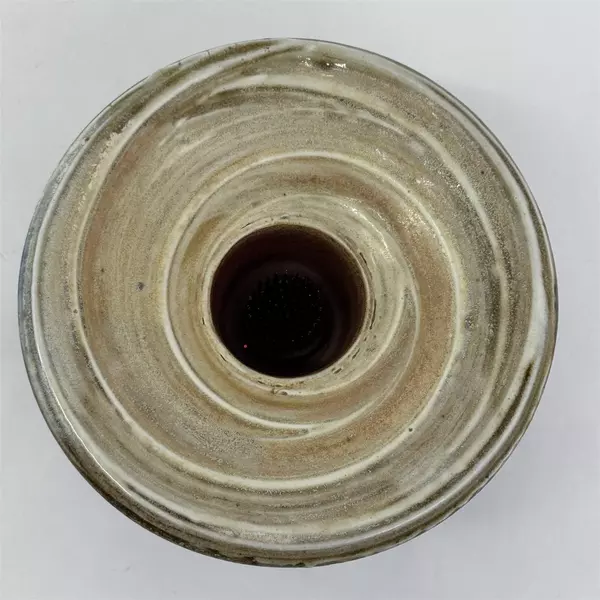 Handmade Artisan Ceramic Art Pottery Vase W/ Metal Frog Signed Cobalt Blue Beige