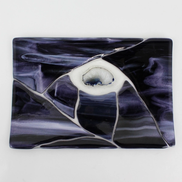 Hand Crafted Fused Glass Tray With Agate center Piece Cobalt Blue And White