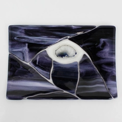 Hand Crafted Fused Glass Tray With Agate center Piece Cobalt Blue And White
