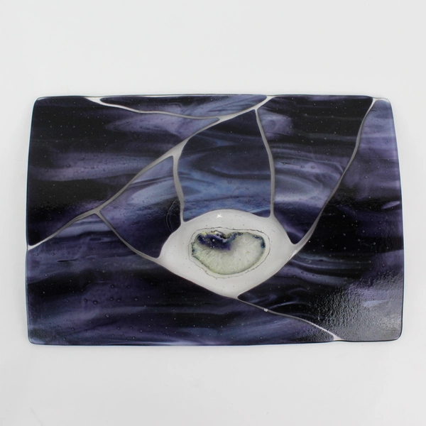 Hand Crafted Fused Glass Tray With Agate center Piece Cobalt Blue And White