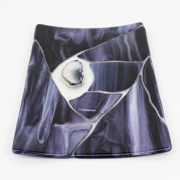 Hand Crafted Fused Glass Tray With Agate center Piece Cobalt Blue And White