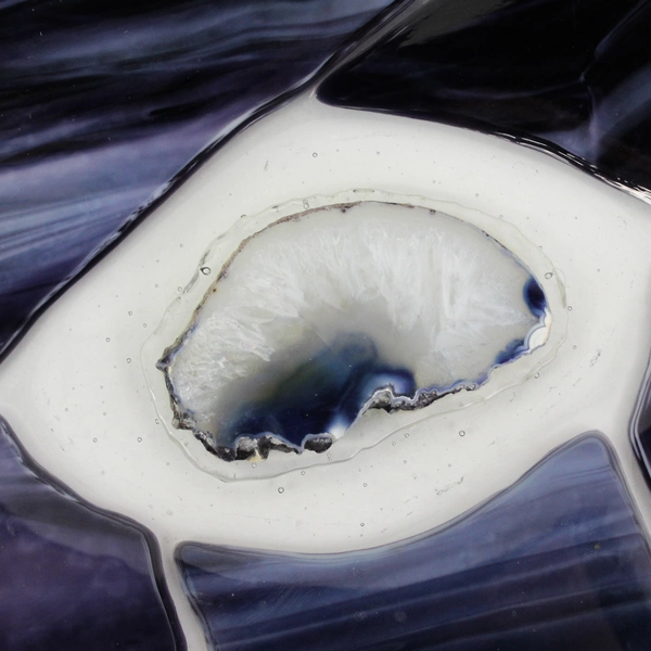 Hand Crafted Fused Glass Tray With Agate center Piece Cobalt Blue And White