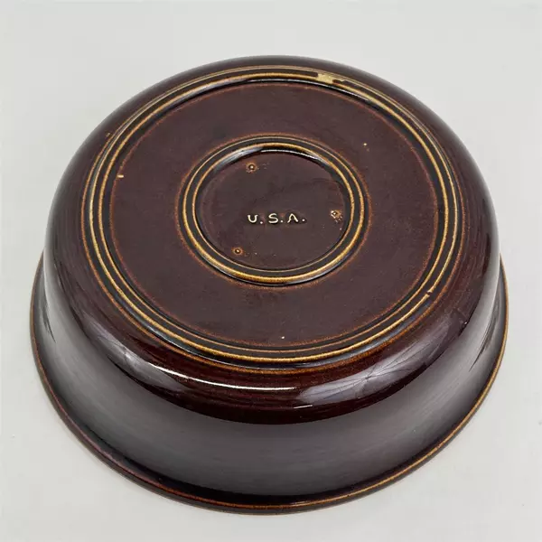 Vintage Brown Pottery Bowl With Stripes Made In USA 10.25 Inch