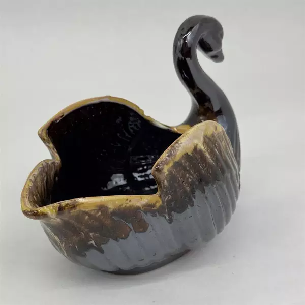 Vintage Brown Drip Glaze Swan Candy Dish Or Trinket Bowl